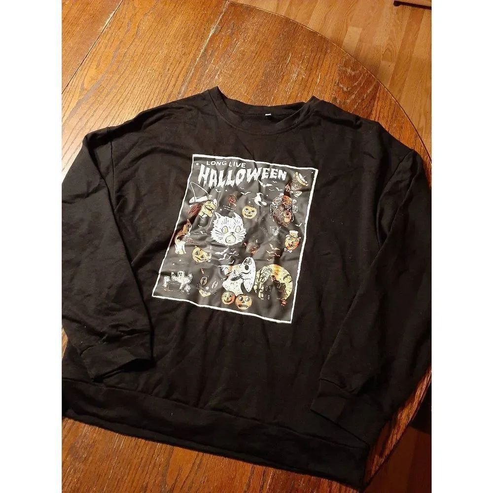 New Medium Black Long Live Halloween Long Sleeve Crew Neck Pullover Shirt Top